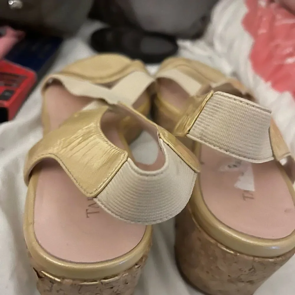 Taryn rose nieve sz 10 beige sling back tan cork wedge sandals /heels